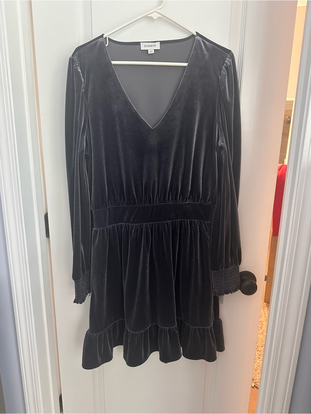 Evereve Bluish Grey Velvet V-Neck Ruffle-Hem Dress